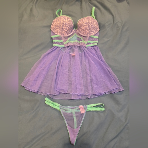 Victoria's Secret Other - Victoria's Secret Purple and Green Lace Babydoll Set